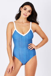 Model Monika wearing size 10 of the Block Party Sweetheart Maillot in colour Denim (Blue), from the front, cropped image