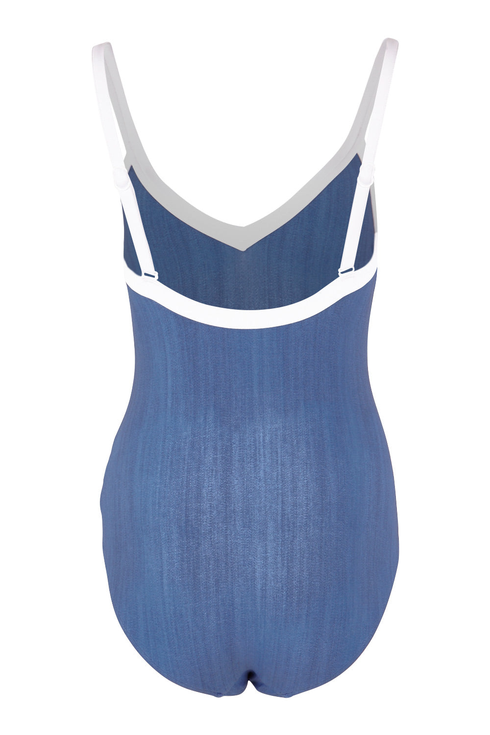 Product shot of the Block Party Sweetheart Maillot in colour Denim (Blue), from the back