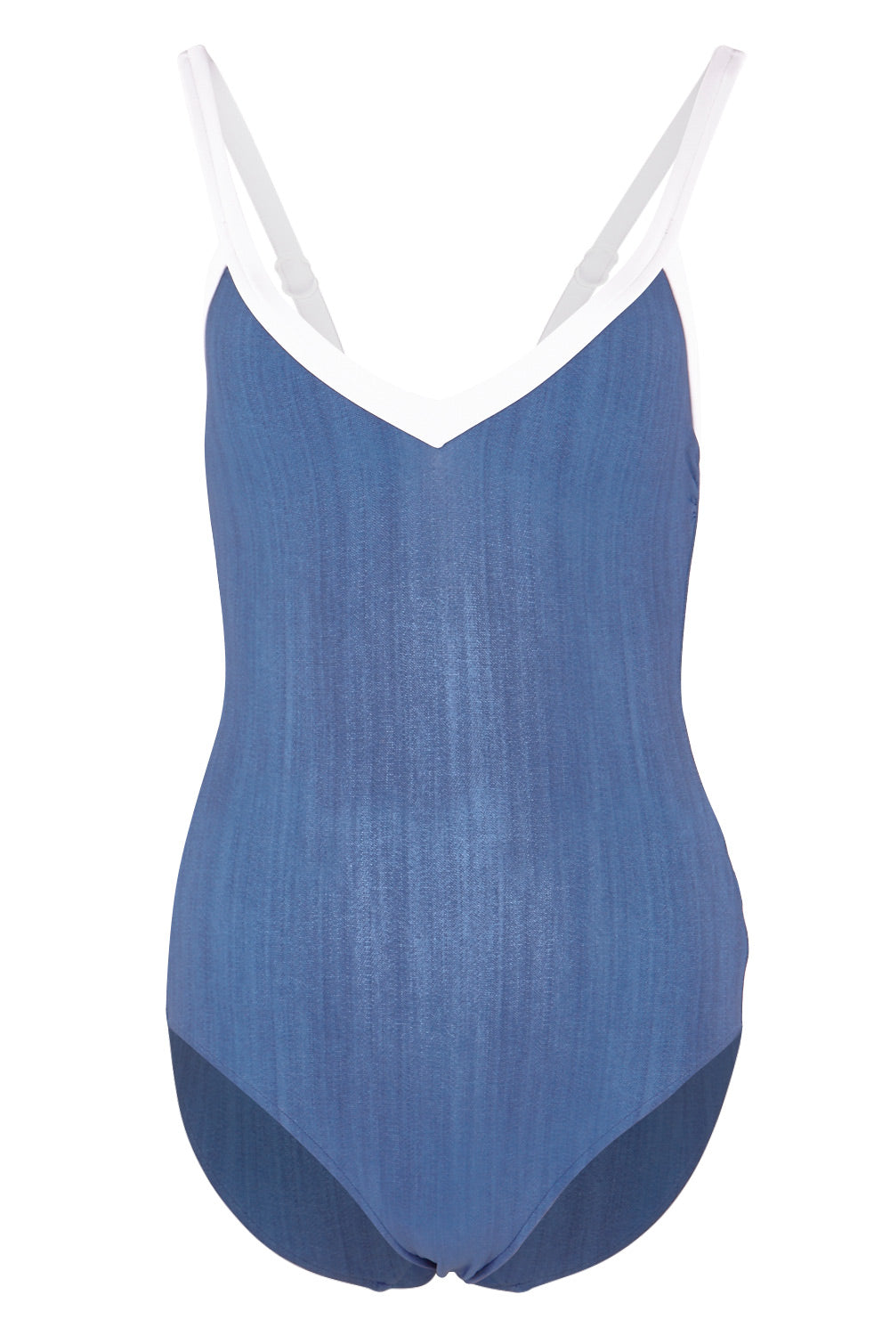 Product shot of the Block Party Sweetheart Maillot in colour Denim (Blue), from the front