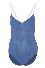 Product shot of the Block Party Sweetheart Maillot in colour Denim (Blue), from the front