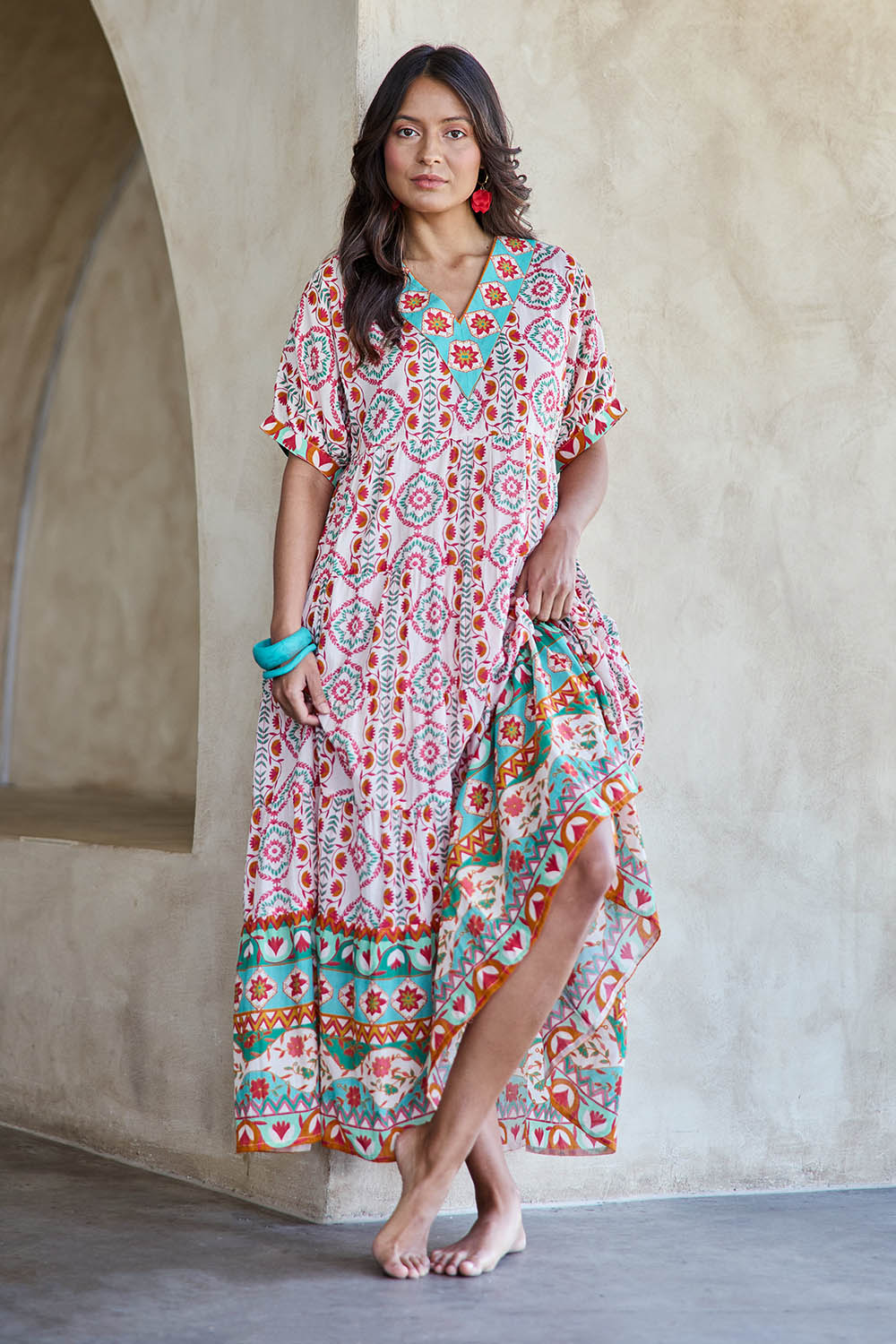 Model Tahneei wearing size 10 of the Jim Jim Falls Cotton Long Dress – Mosaic in colour Mosaic, from the front