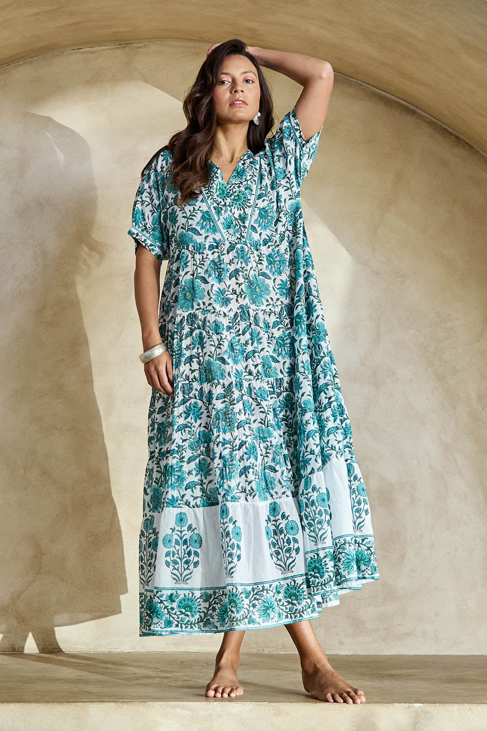 Model Tahneei wearing size 10 of the Vivonne Bay Beach Cotton Dress – Greenaqua in colour Greenaqua, from the front