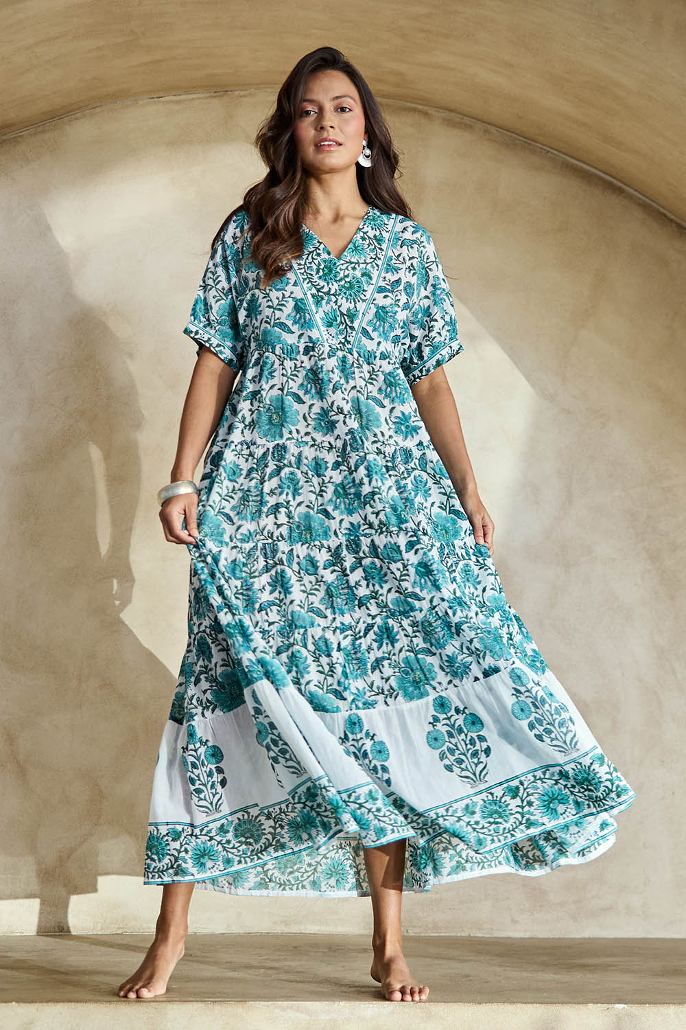 Model Tahneei wearing size 10 of the Vivonne Bay Beach Cotton Dress – Greenaqua in colour Greenaqua, from the front
