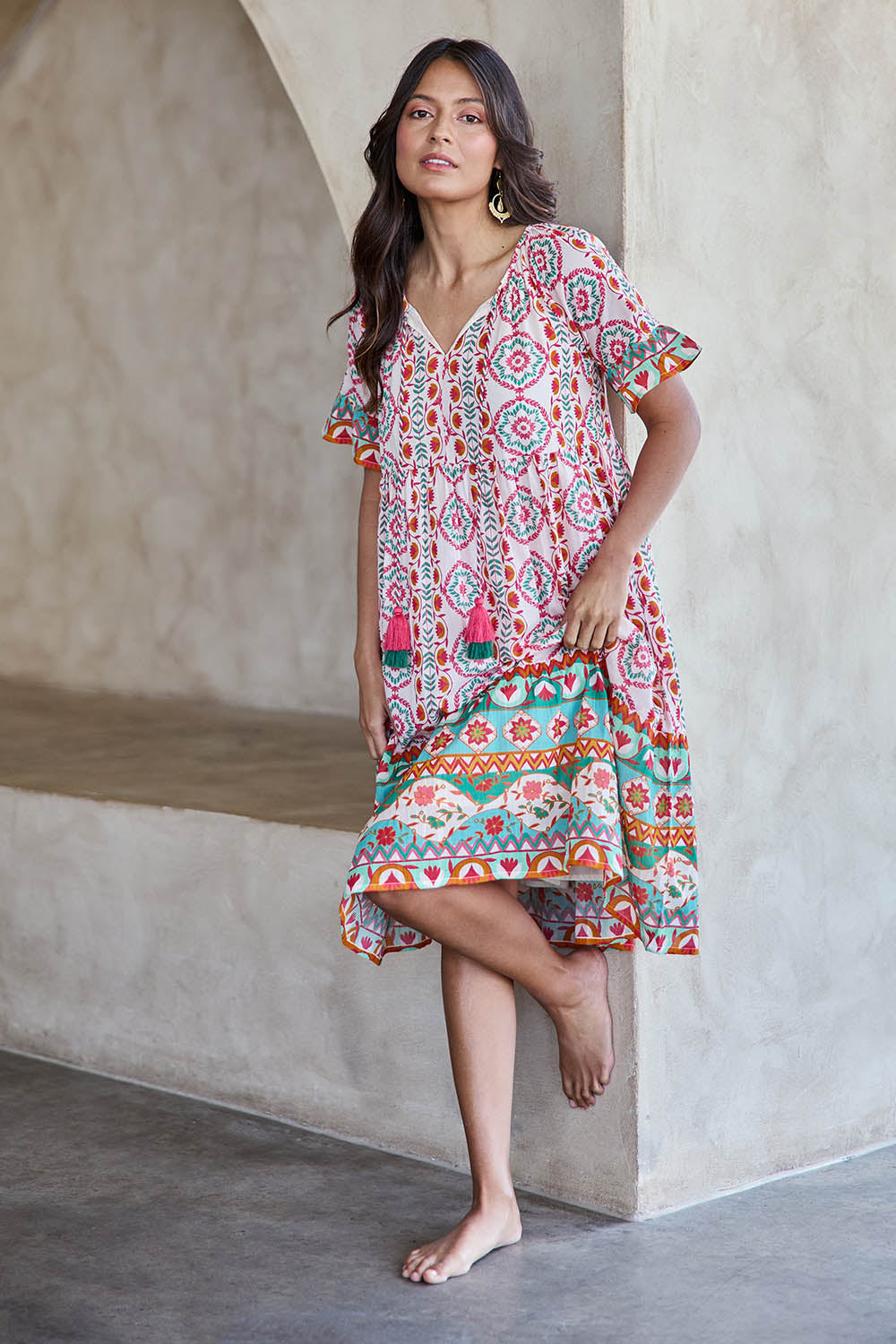 Model Tahneei wearing size 10 of the Tea Tree Bay Cotton Dress – Mosaic in colour Mosaic, from the front