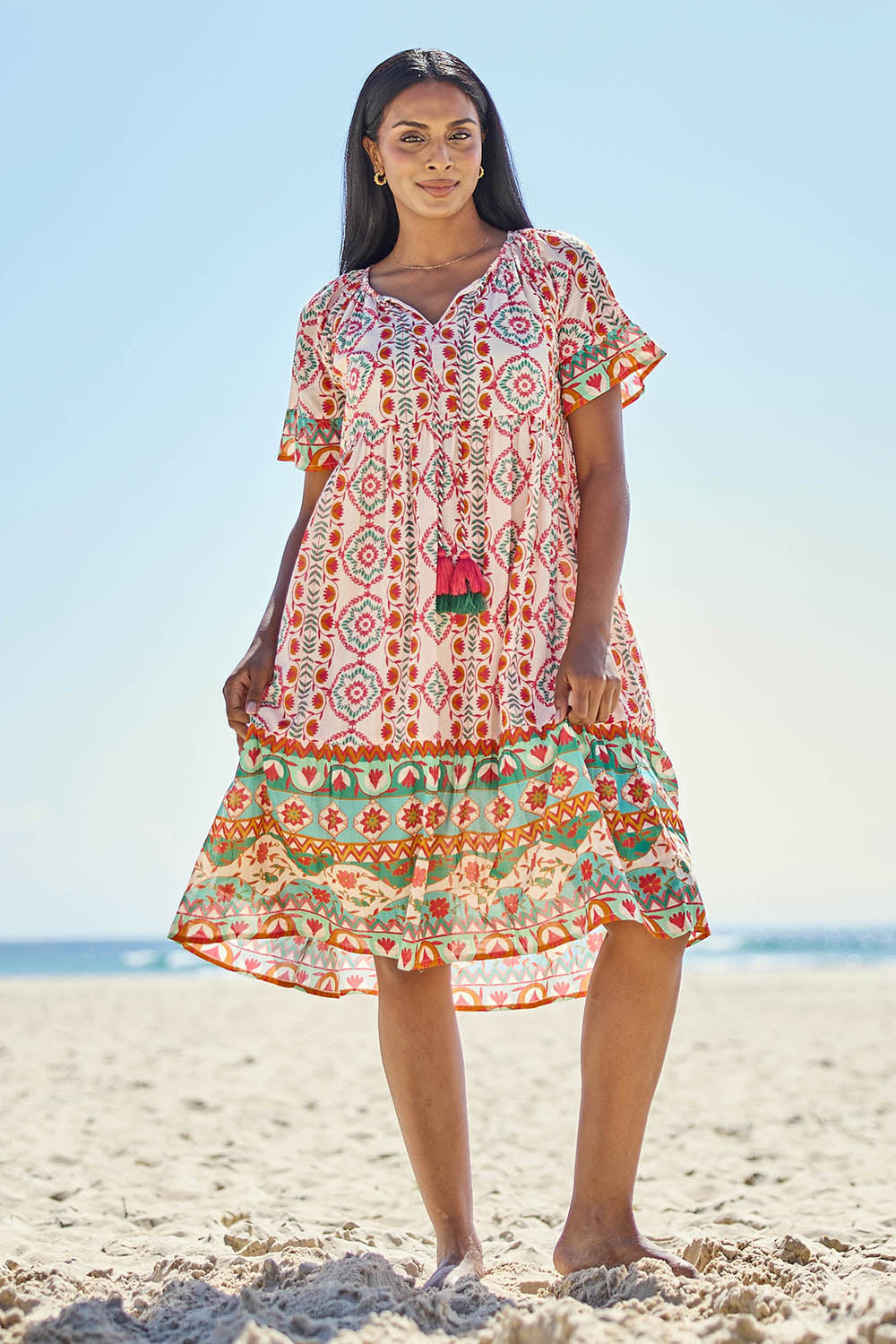 Model Tahneei wearing size 14 of the Tea Tree Bay Cotton Dress – Mosaic in colour Mosaic, from the front