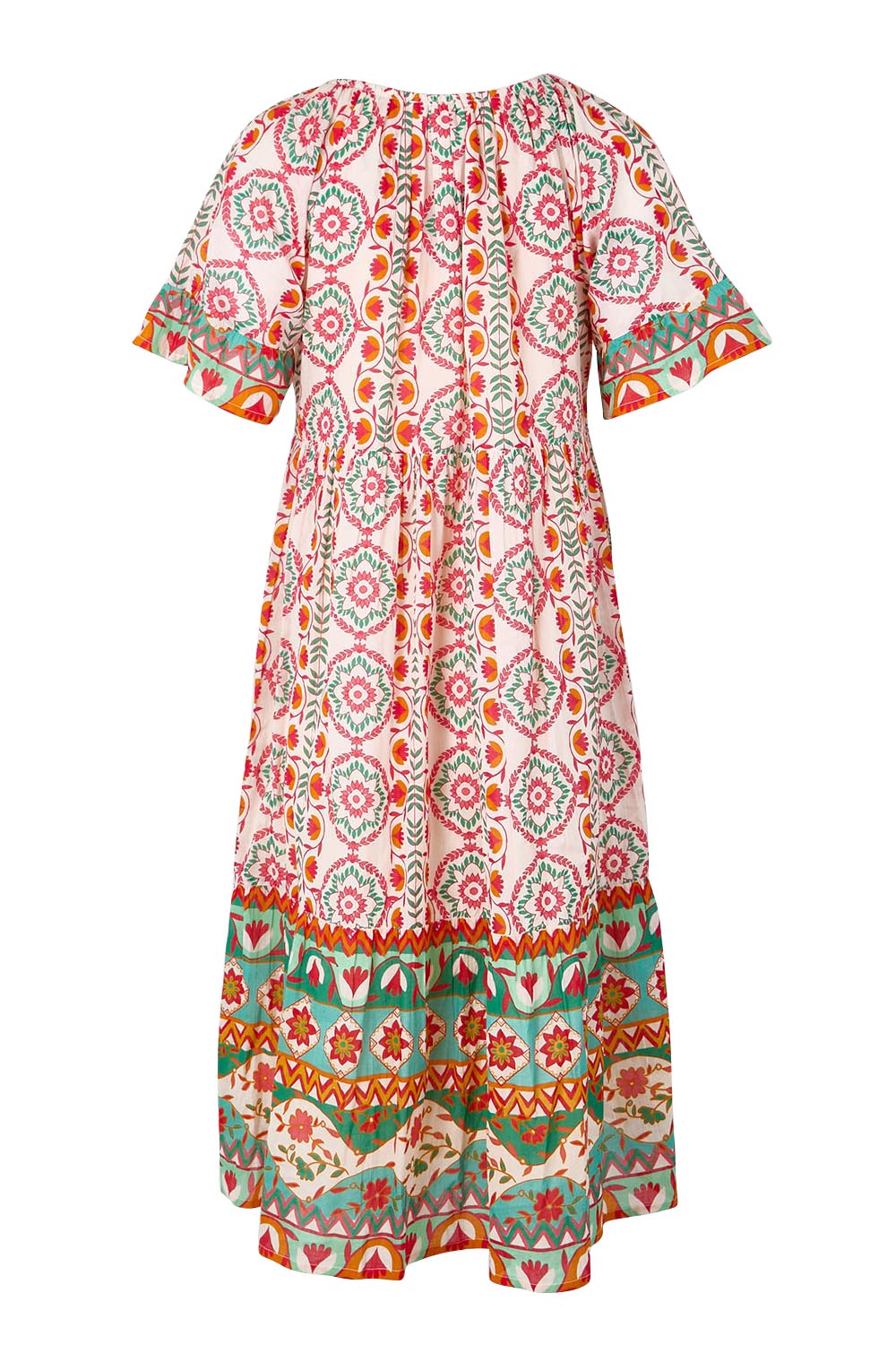 Product shot of the Tea Tree Bay Cotton Dress – Mosaic in colour Mosaic, from the back