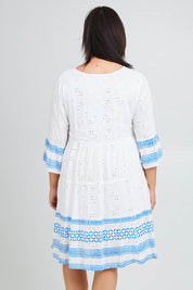 Model Poppy wearing size 16 of the Bondi Beach Dress in colour Blue (Blue), from the back