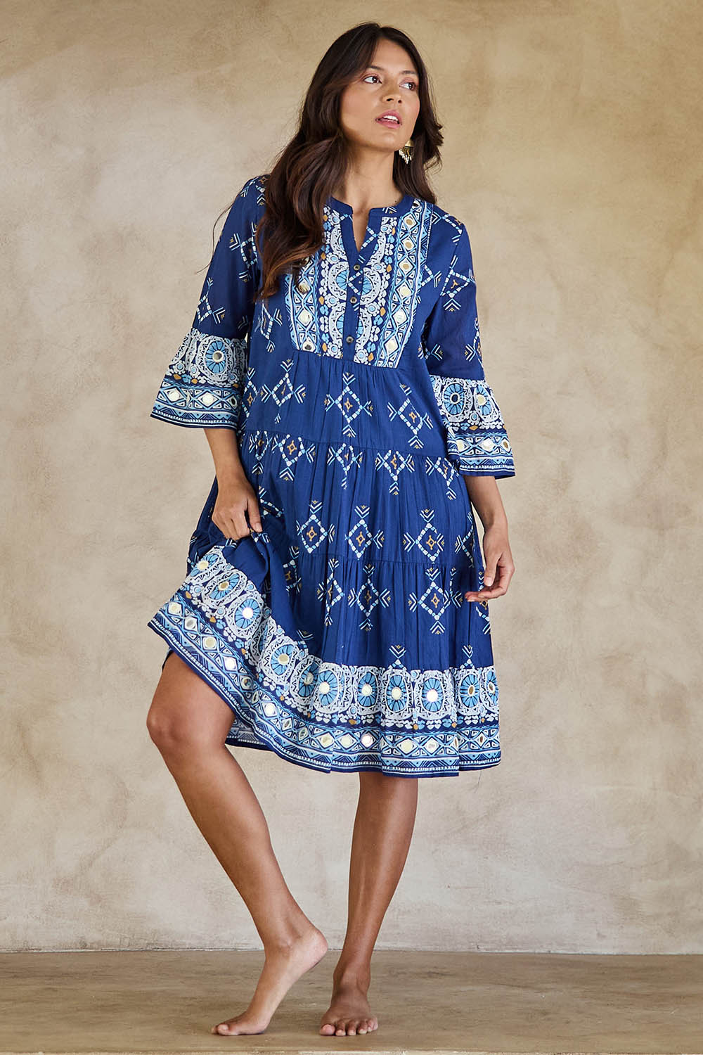 Model Tahneei wearing size 10 of the Dee Why Beach Cotton Dress – Navy in colour Navy, from the front