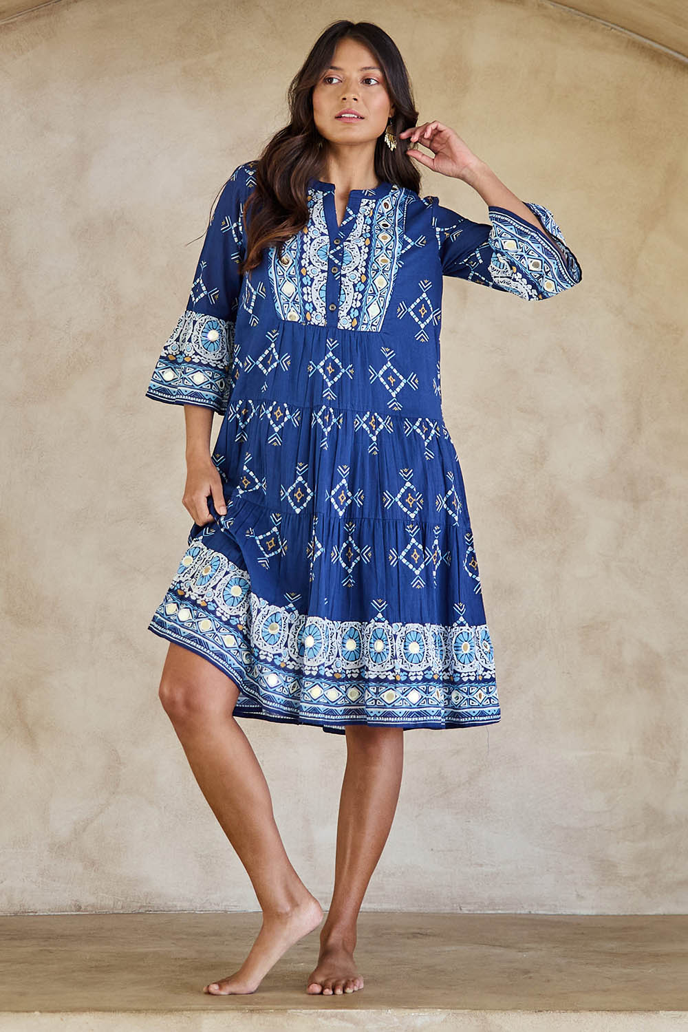 Model Tahneei wearing size 10 of the Dee Why Beach Cotton Dress – Navy in colour Navy, from the front