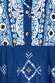 Product shot of the Dee Why Beach Cotton Dress – Navy in colour Navy, showing detail
