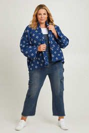 Model Fiona wearing size 16 of the Nightcliff Beach Jacket in colour Navy (Blue), from the front, showing the whole outfit