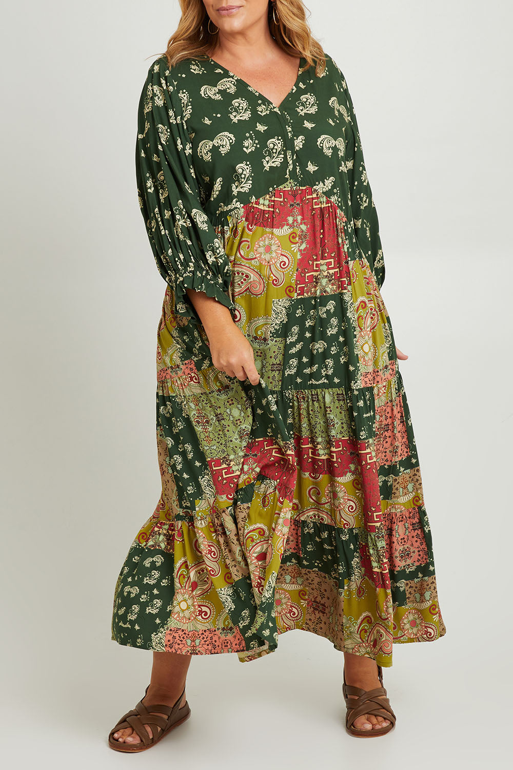 Model Fiona wearing size 16 of the Middleton Beach Maxi Dress in colour Patcholive (Green), from the front, cropped image