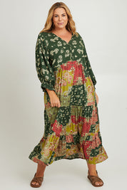 Model Fiona wearing size 16 of the Middleton Beach Maxi Dress in colour Patcholive (Green), from the front, showing the whole outfit
