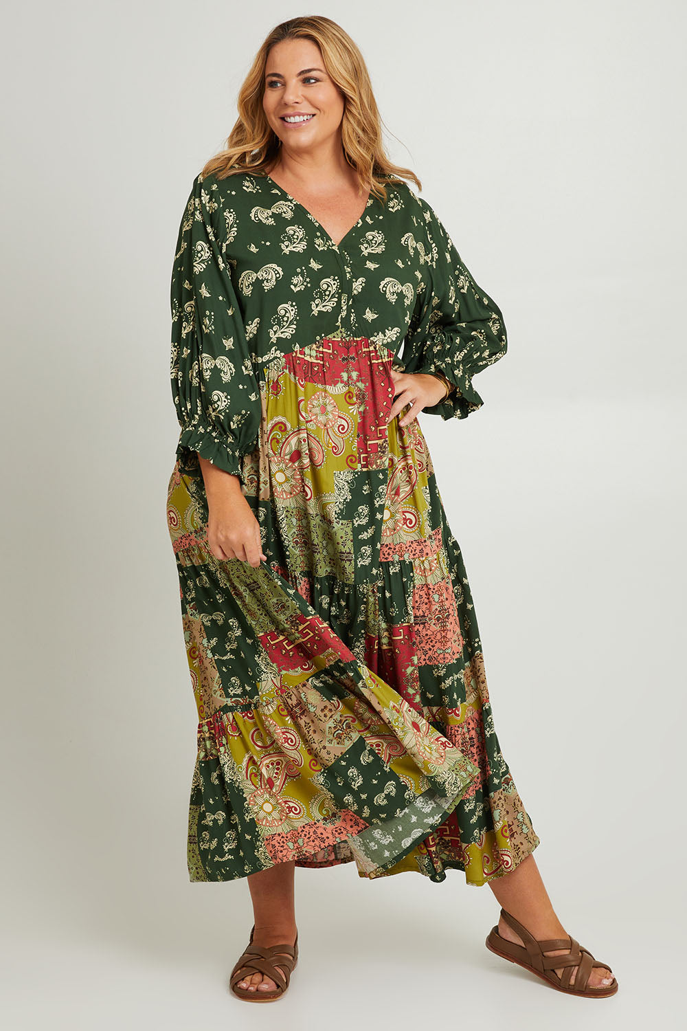 Model Fiona wearing size 16 of the Middleton Beach Maxi Dress in colour Patcholive (Green), from the front, showing the whole outfit