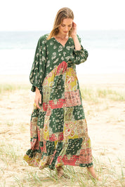 Model Riina wearing size 10 of the Middleton Beach Maxi Dress in colour Patcholive (Green), from the front, showing the whole outfit