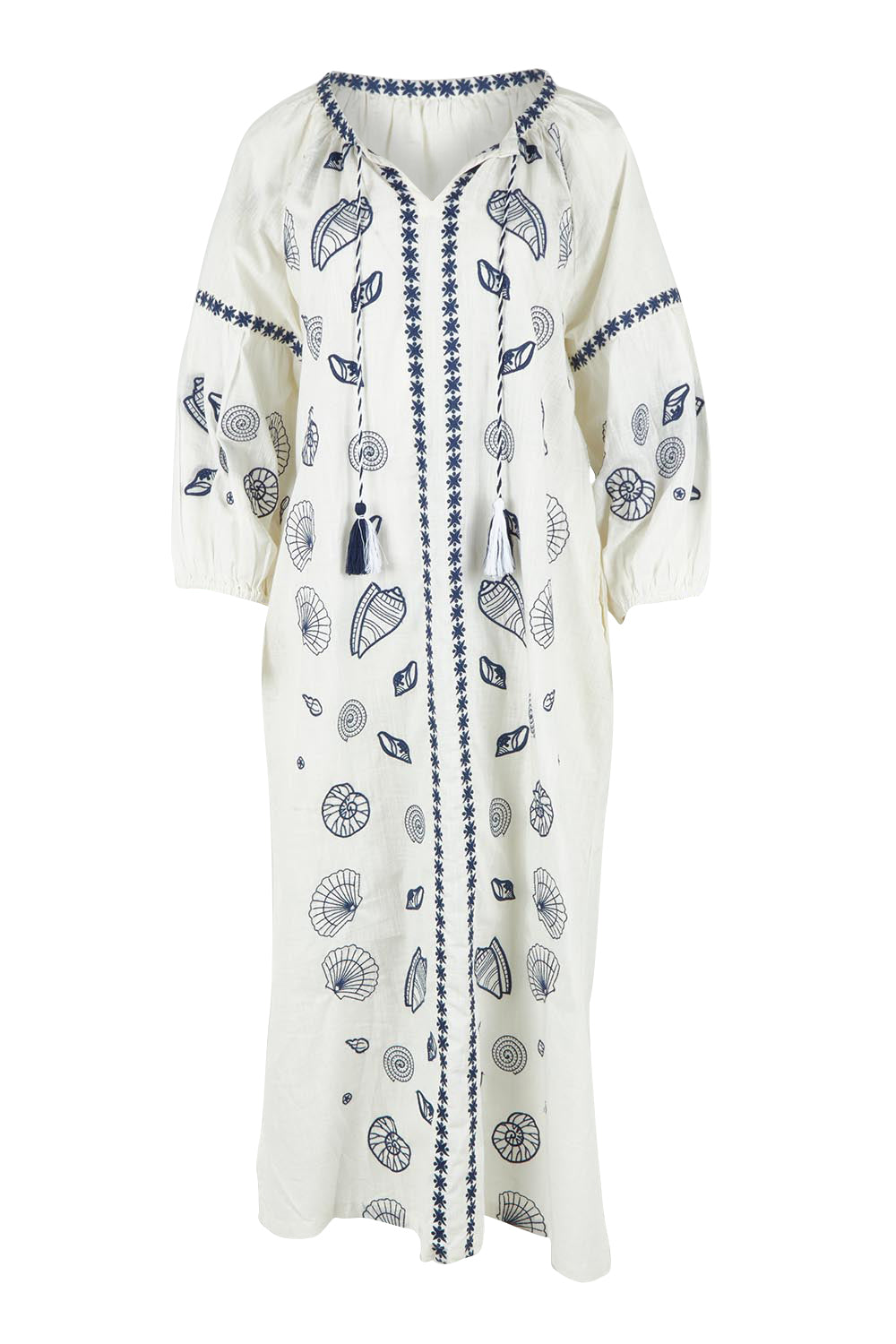 Product shot of the Whitehaven Beach Cotton Maxi Dress in colour Whiteblue (Blue), from the front