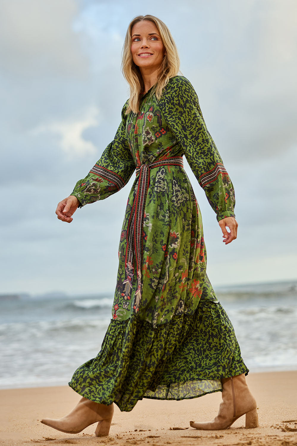 Model Maggie wearing size 10 of the Edith Falls Maxi Dress in colour Aztec (Green), from the front, showing the whole outfit