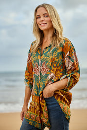 Model Maggie wearing size 10 of the Wentworth Falls Shirt in colour Leopard, from the front, showing the whole outfit