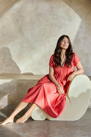 Model Tahneei wearing size 10 of the San Rafael Falls Kimono Dress – Red in colour Red, from the front
