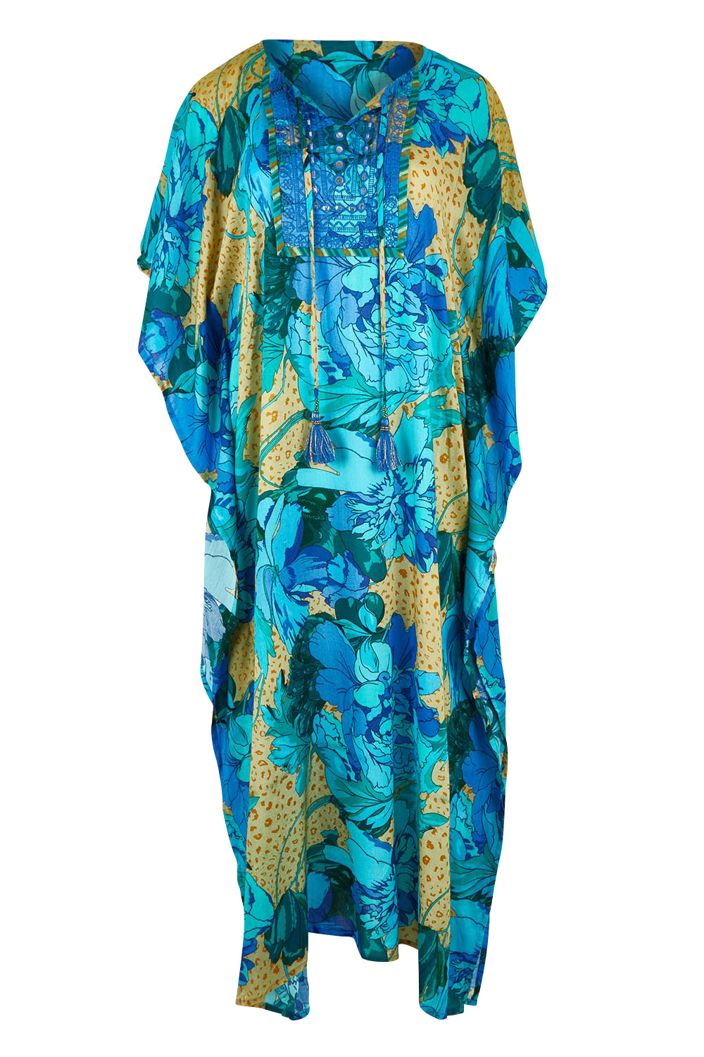 Product shot of the Blue Lagoon Embroidered Maxi Dress in colour Azurebloom, from the front