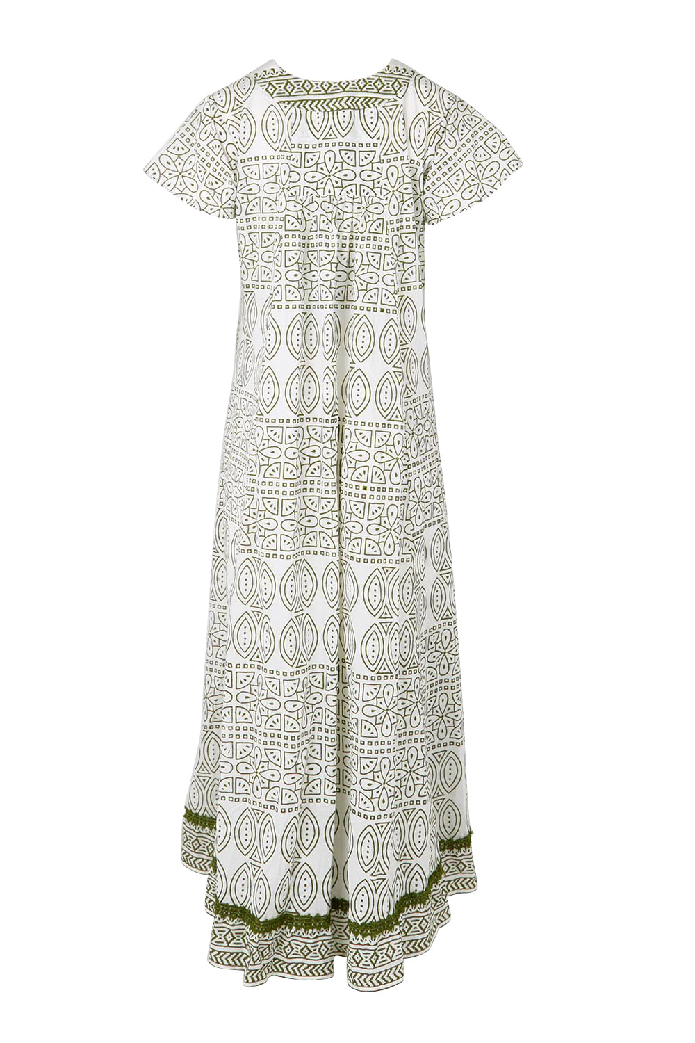 Product shot of the Cocora Valley Cotton Long Dress – Olive in colour Olive, from the back