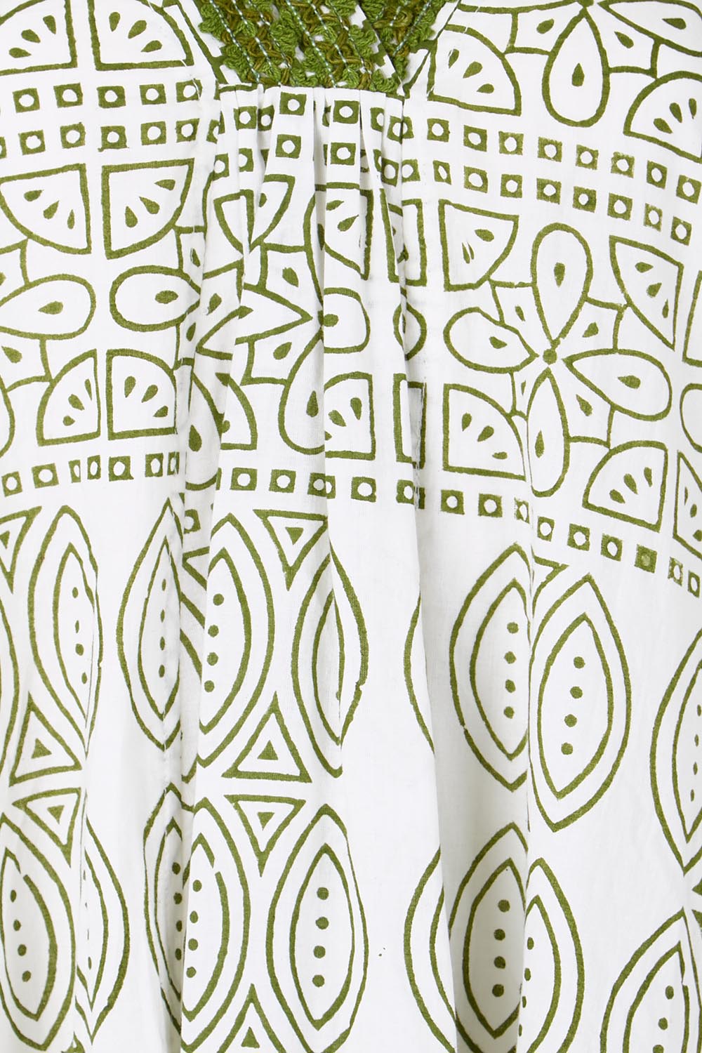 Product shot of the Cocora Valley Cotton Long Dress – Olive in colour Olive, showing detail