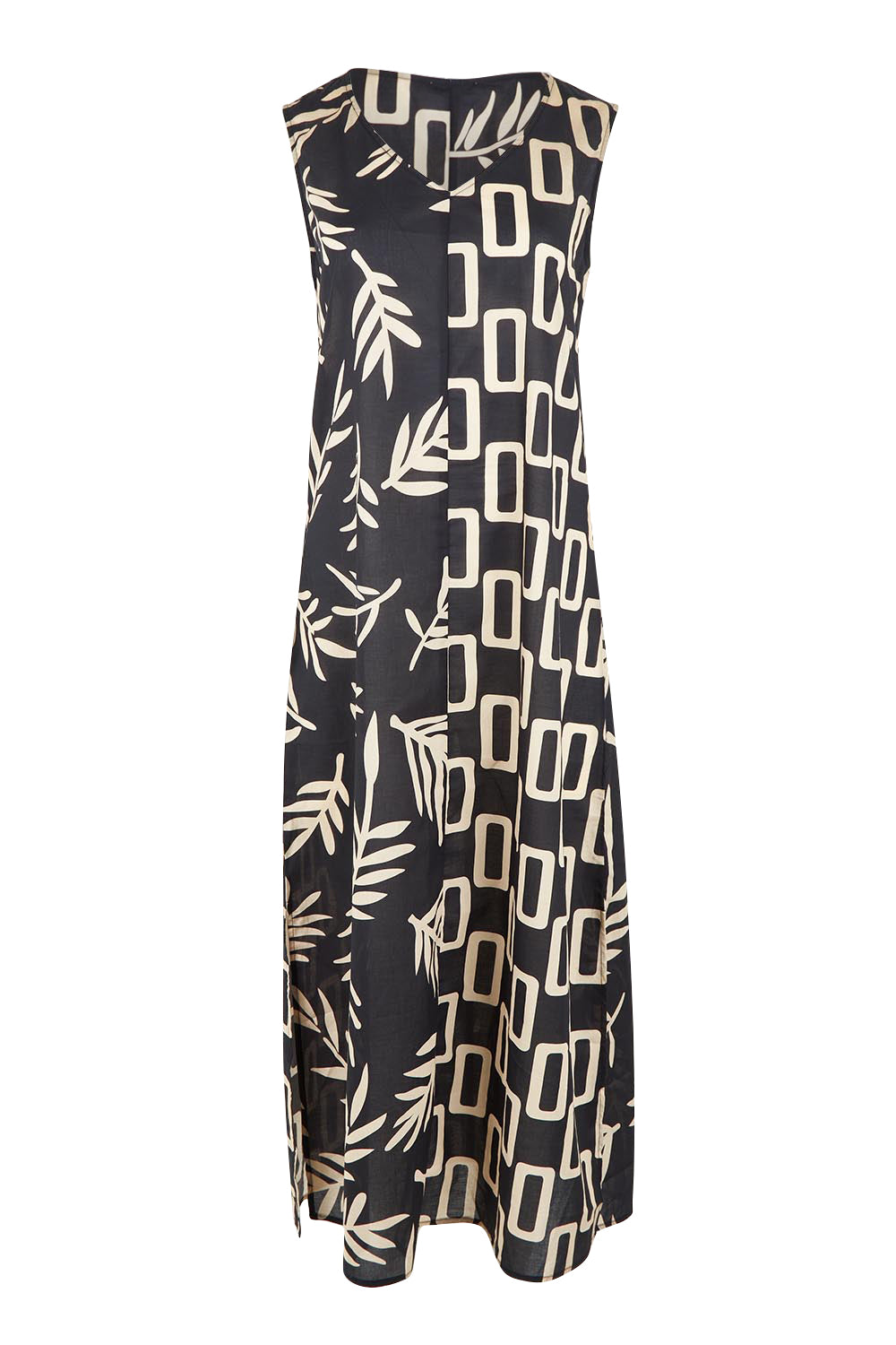 Product shot of the Spliced Cotton Maxi Dress in colour Leaf (Black), from the front