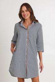 Model Madeline wearing size 10 of the Stripe 3/4 Sleeve Cotton Shirtmaker Dress in colour Navystripe (Blue), from the front, cropped image