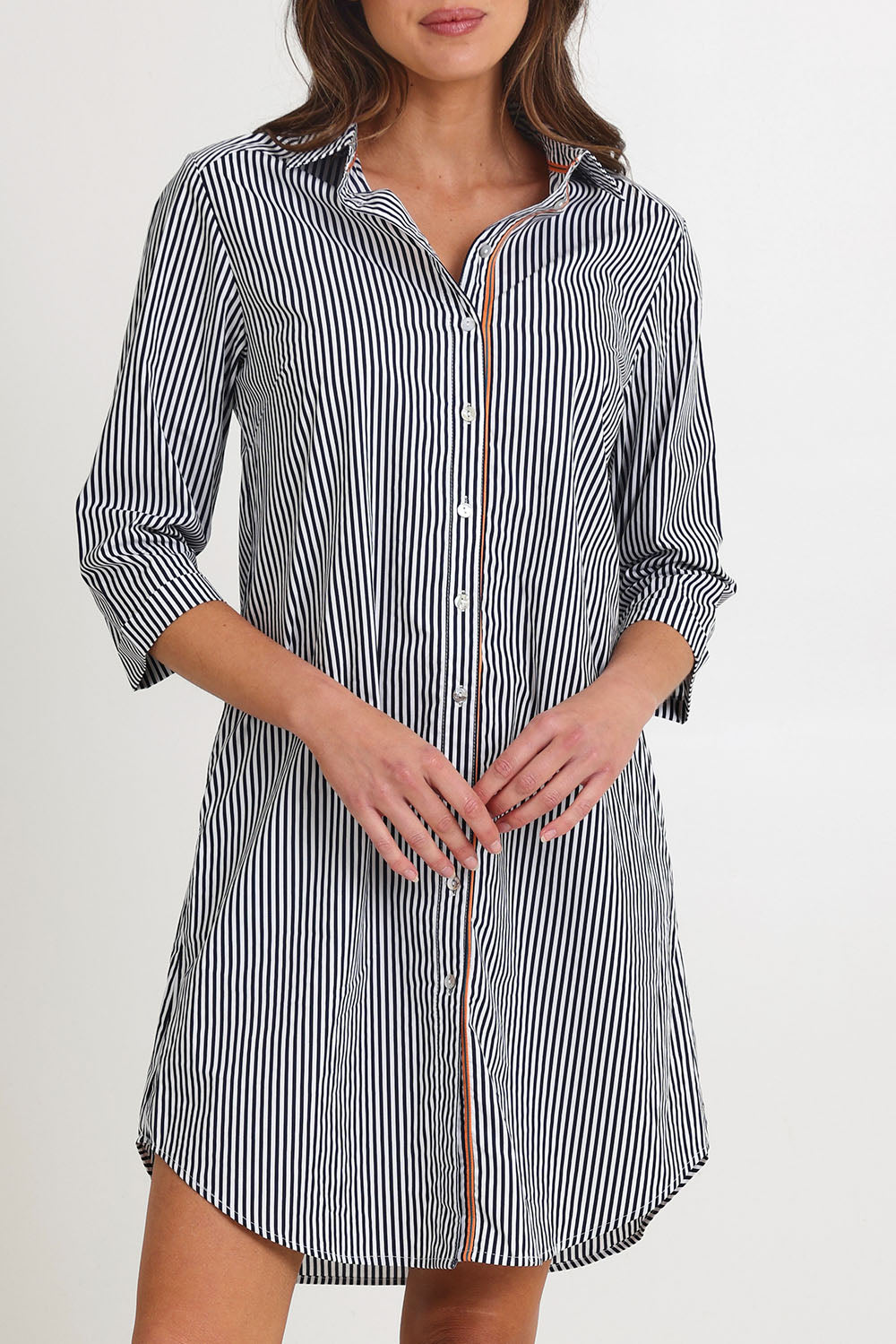 Model Madeline wearing size 10 of the Stripe 3/4 Sleeve Cotton Shirtmaker Dress in colour Navystripe (Blue), from the front, cropped image