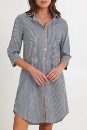 Model Madeline wearing size 10 of the Stripe 3/4 Sleeve Cotton Shirtmaker Dress in colour Navystripe (Blue), from the front, cropped image
