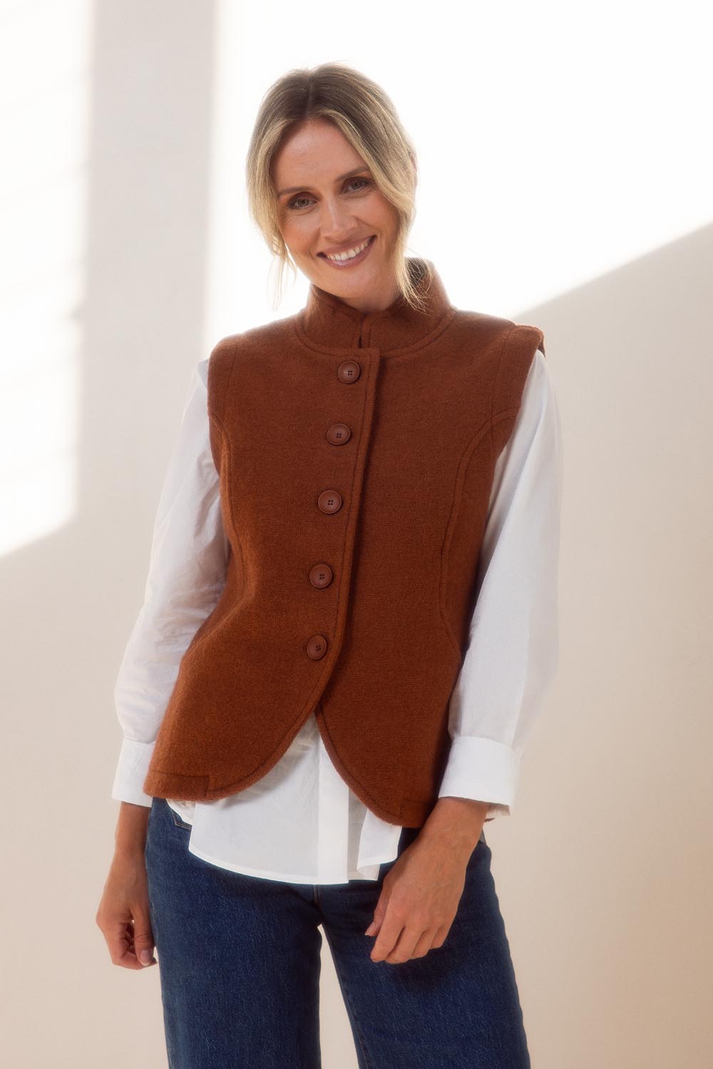 High Collar Boiled Wool Vest – Copper