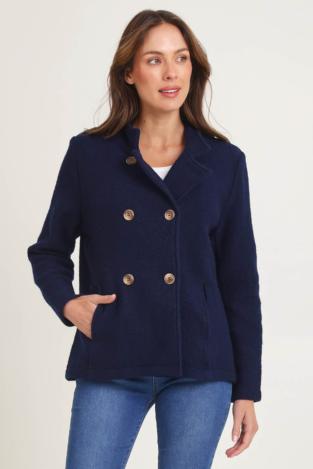 Funnel Neck Boiled Wool Double Breasted Coat – Navy