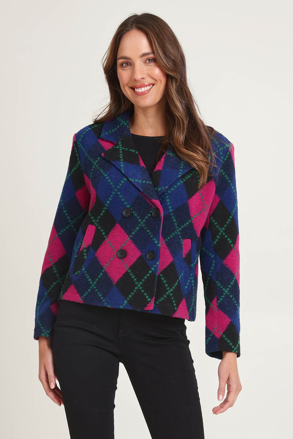 Plaid Collared Boiled Wool Jacket – Pink