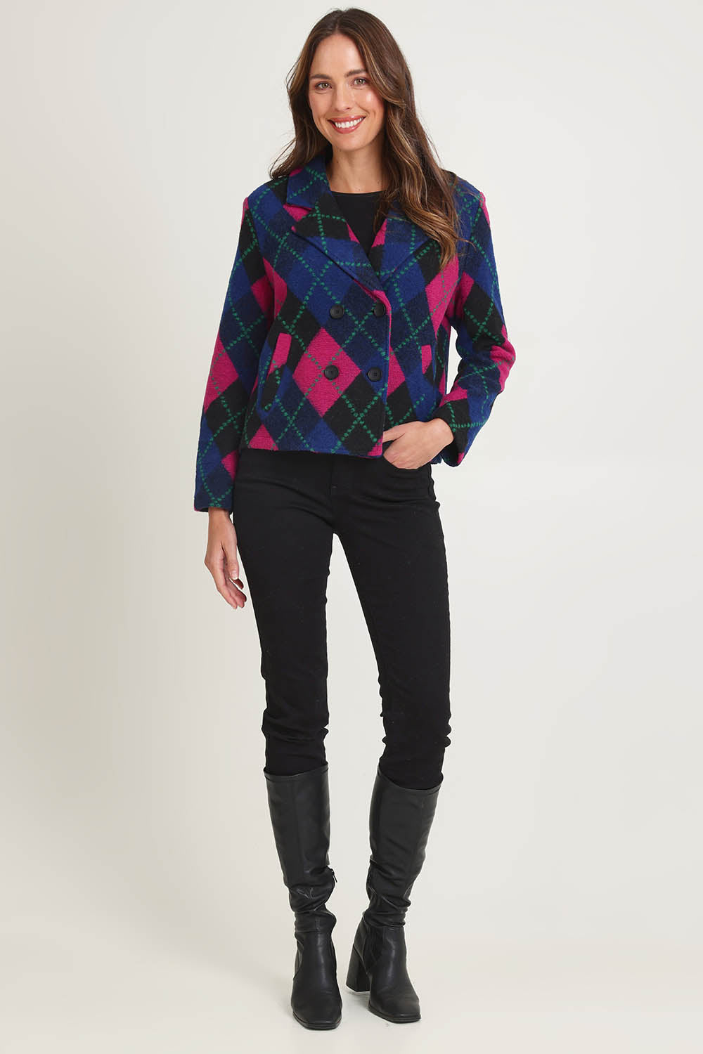 Plaid Collared Boiled Wool Jacket – Pink