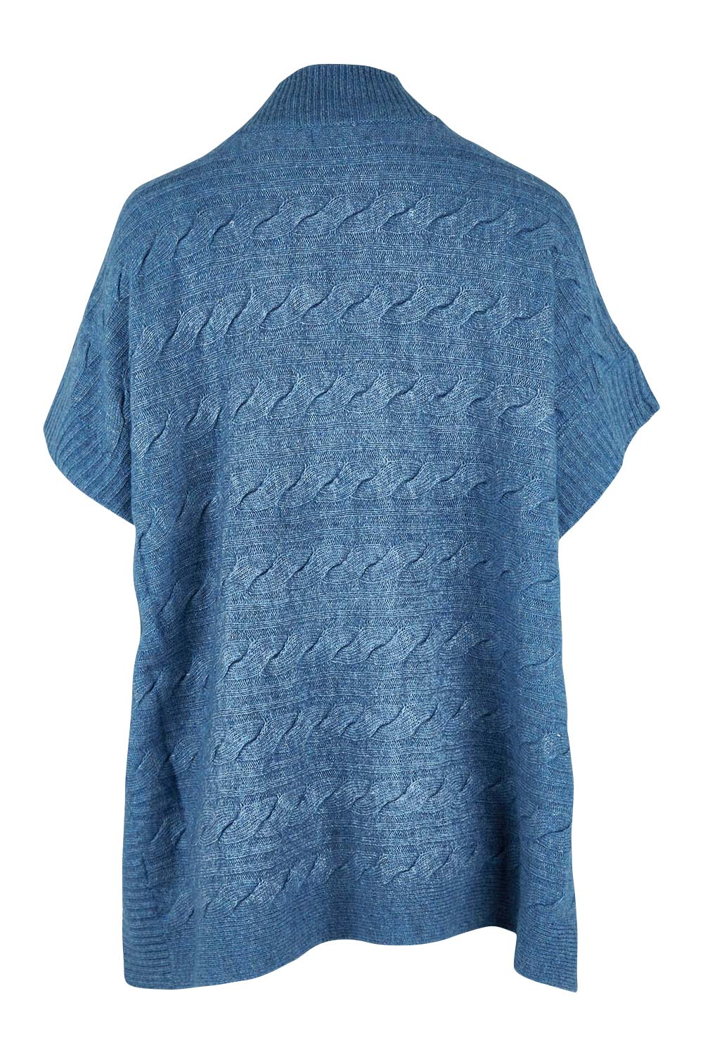 Product shot of the Lambswool Blend Cable Poncho in colour Denim (Blue), from the back