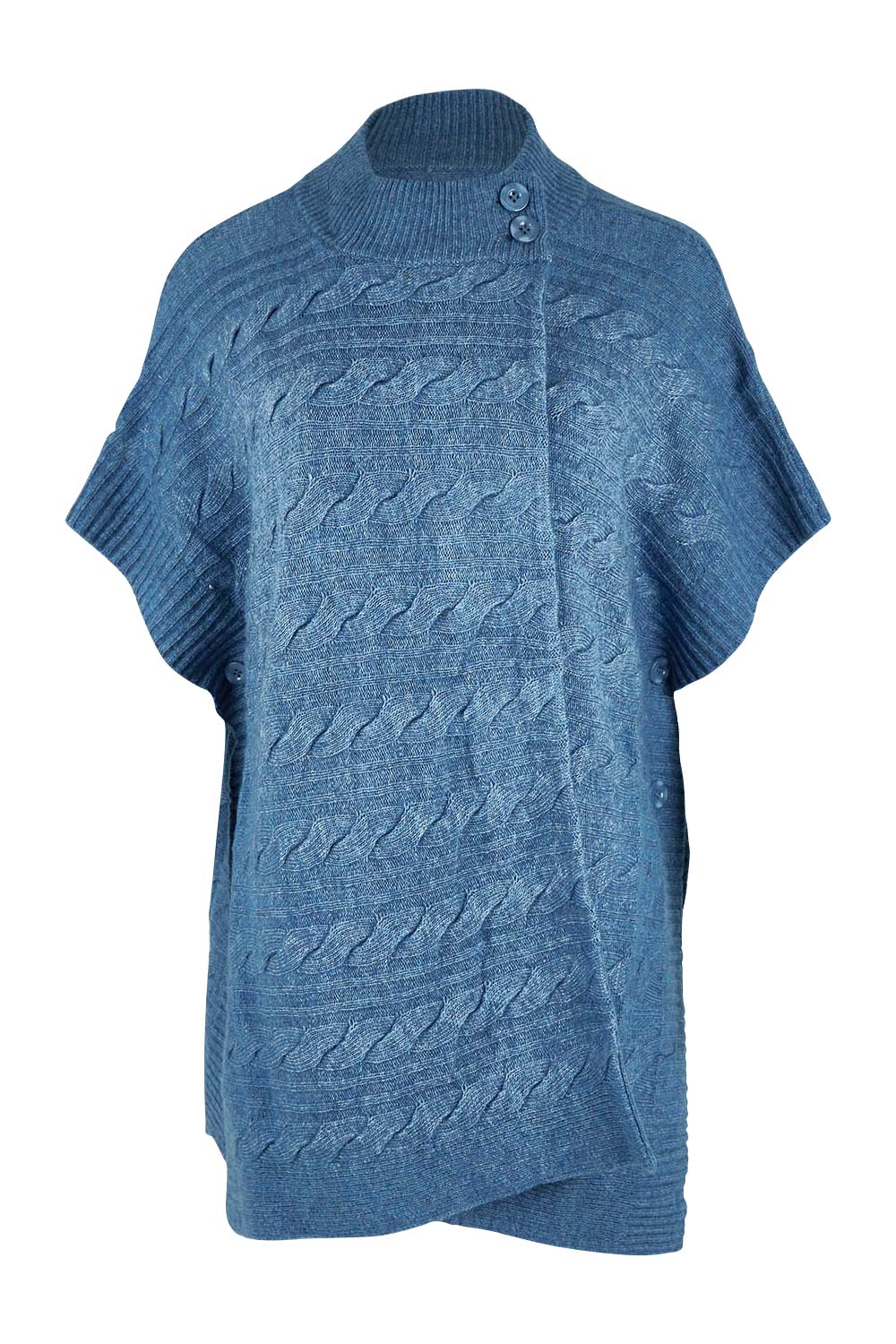 Product shot of the Lambswool Blend Cable Poncho in colour Denim (Blue), from the front