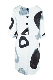 Product shot of the Linen 3/4 Sleeve Dress in colour Achromatic (White), from the back