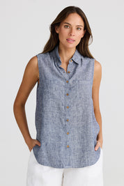 A model wearing the Bazzar Linen Top in colour Navyflick (Blue), from the front, cropped image