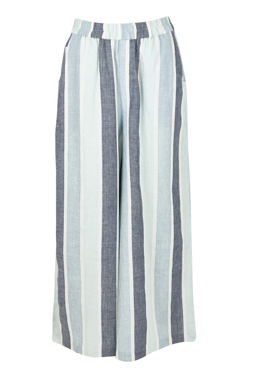 Product shot of the Positano Linen Cotton Pant in colour Tulipstrip (Blue), from the front