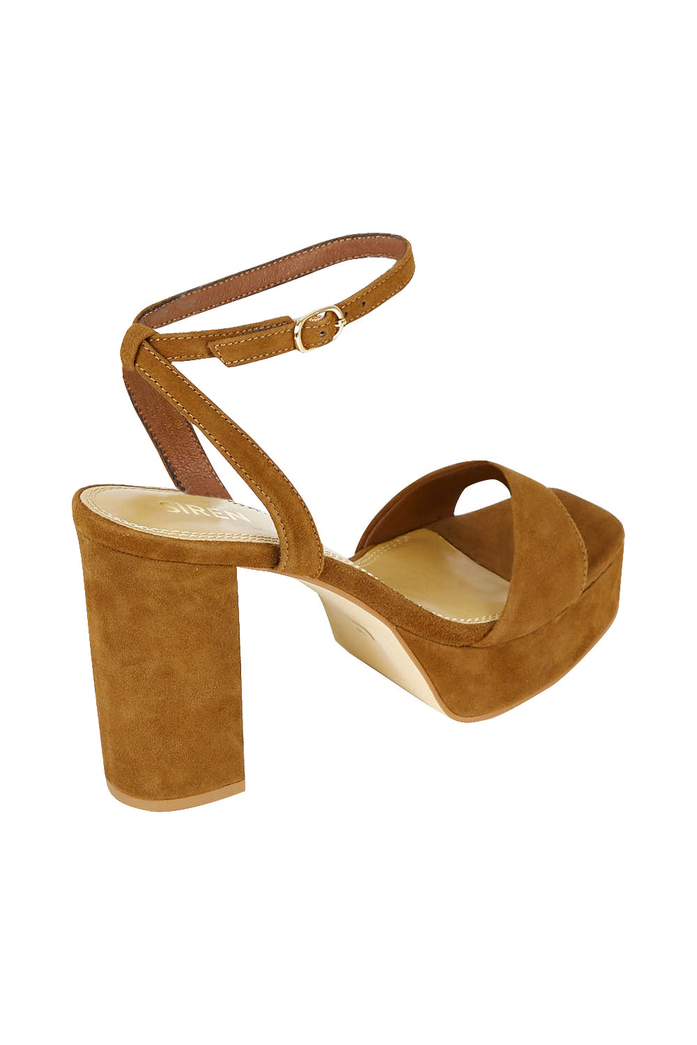 A model wearing the Orion Platform Heel in colour Coffee, from the back