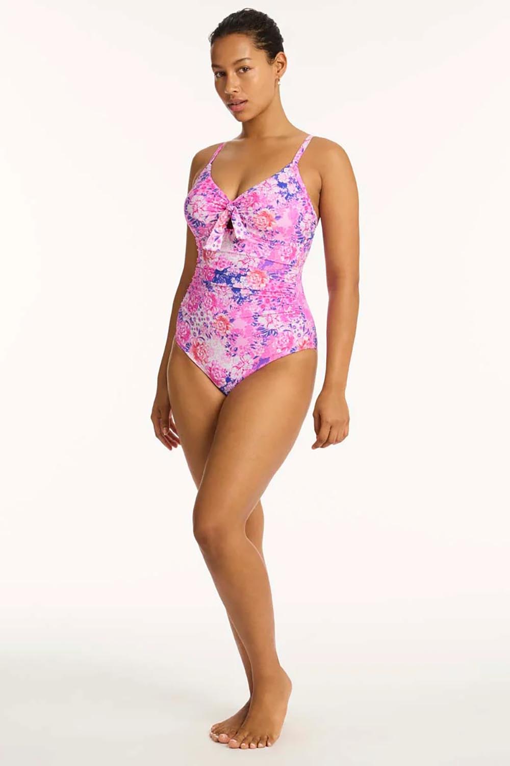 A model wearing the Tie Front Dd/E One Piece in colour Pink (Pink), from the front, showing the whole outfit