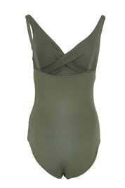 Product shot of the Eco Essentials Cross Front One Piece in colour Khaki (Green), from the back