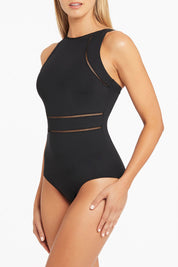 A model wearing the High Neck Multifit One Piece in colour Black (Black), from the front, cropped image