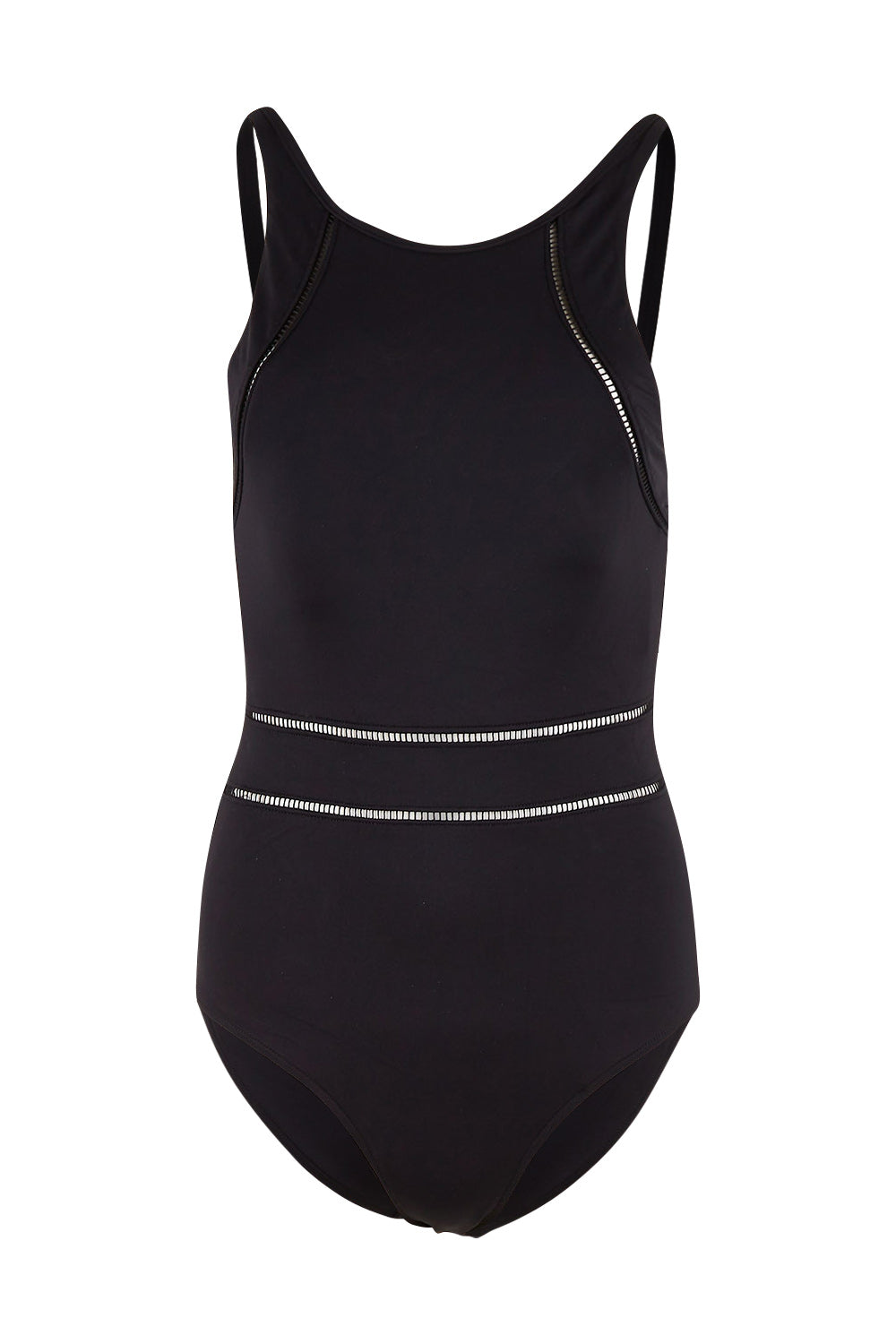 Product shot of the High Neck Multifit One Piece in colour Black (Black), from the front