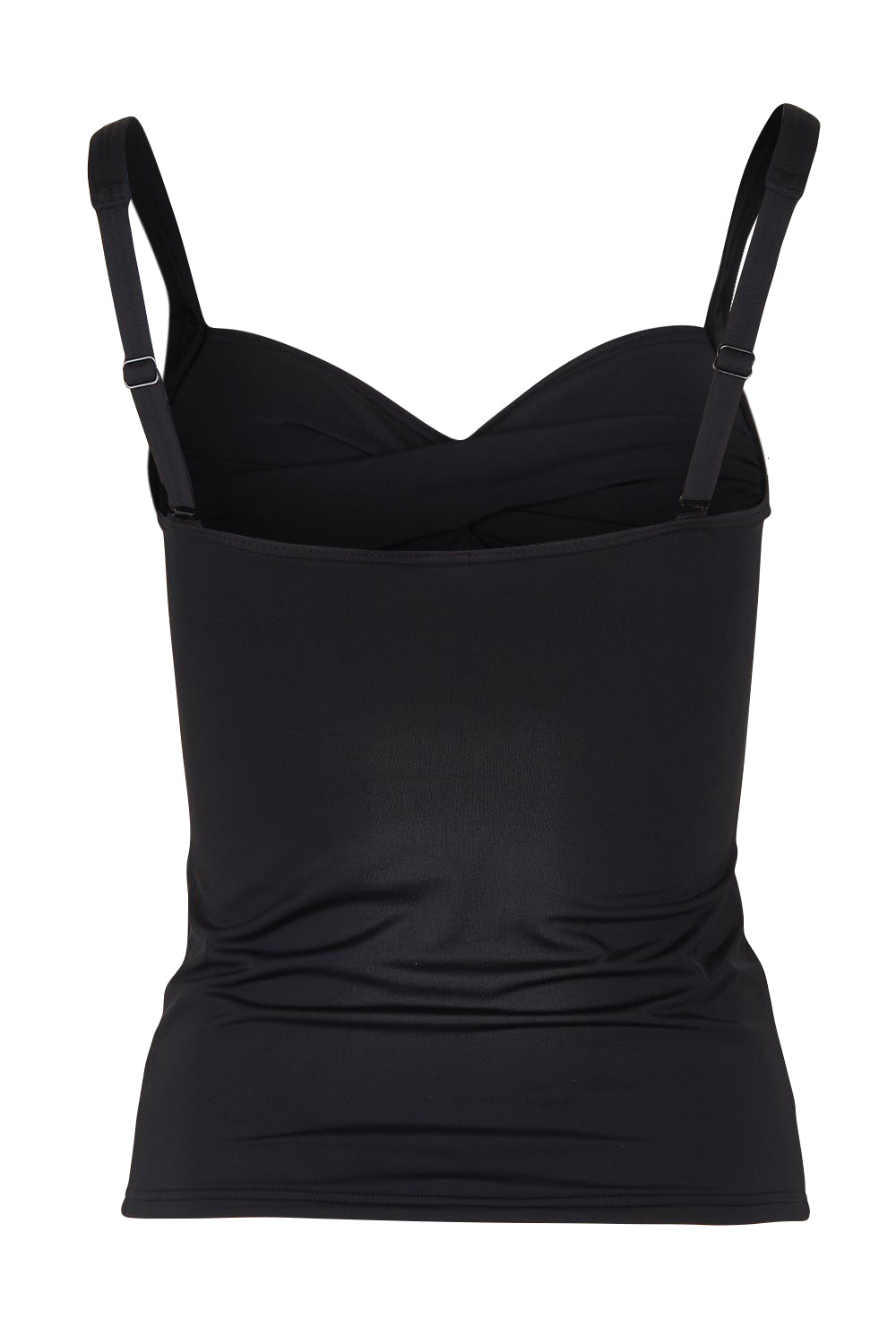 Product shot of the Twist Front Multifit Singlet Top in colour Black (Black), from the back