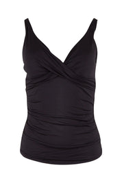 Product shot of the Cross Front Multifit Singlet Top in colour Black (Black), from the front