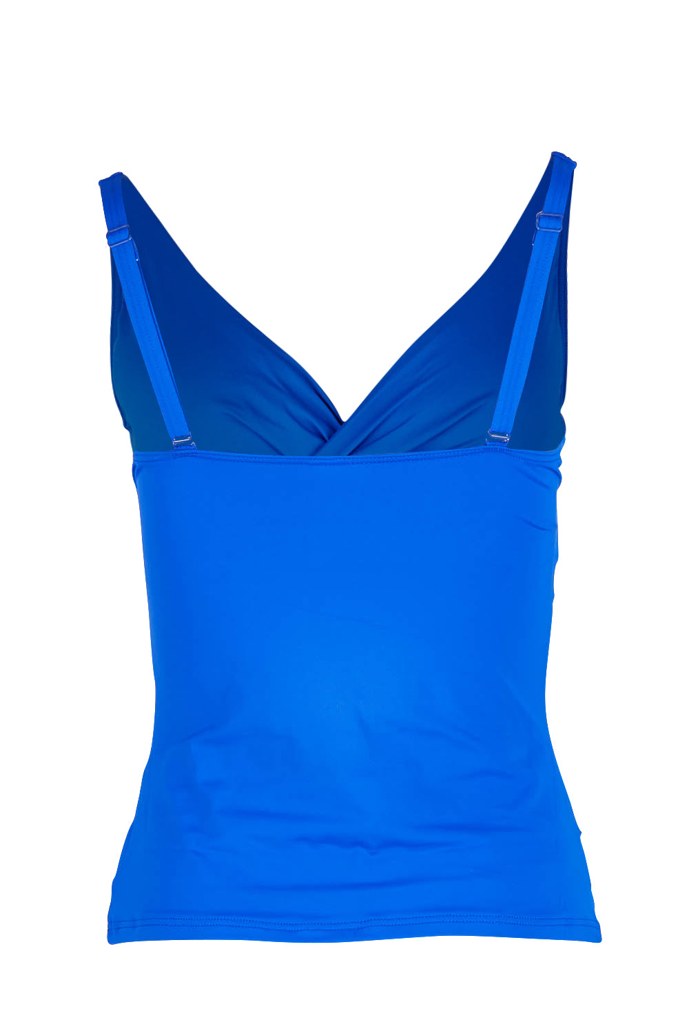 Product shot of the Cross Front Multifit Singlet Top in colour Cobalt (Blue), from the back