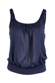 Product shot of the Blouson Tank Multifit Singlet Top in colour Nightsky (Blue), from the front