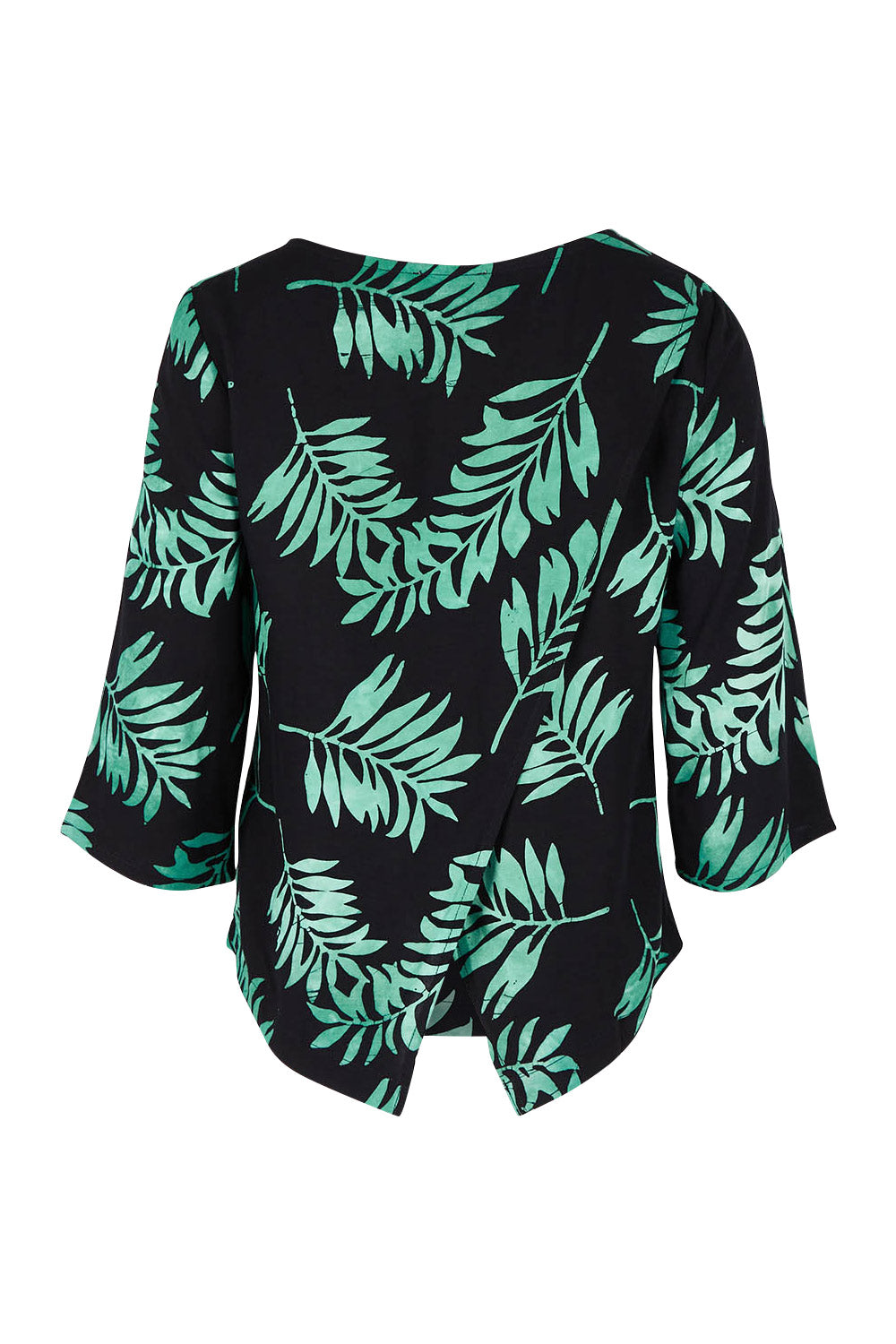 Product shot of the Casey Batik Top in colour Blkgreen (Black), from the back