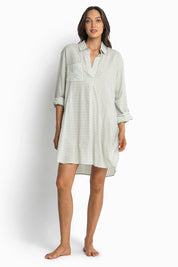 A model wearing the Summer Stripe Painters Shirt in colour Khaki (Green), from the front, showing the whole outfit